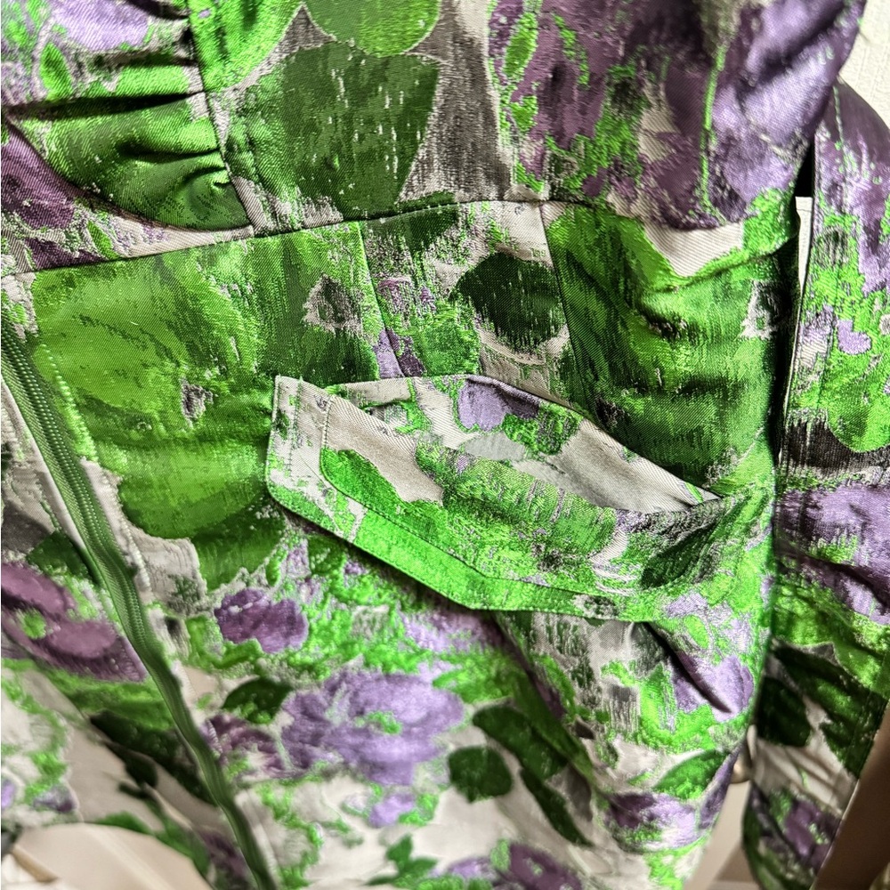 Green and Purple Floral Sleeveless Jaquard Dress - Picture 3 of 12